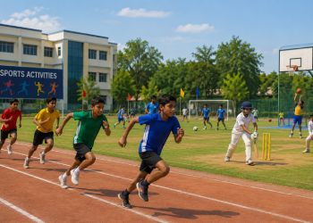 Students playing basketball on campus